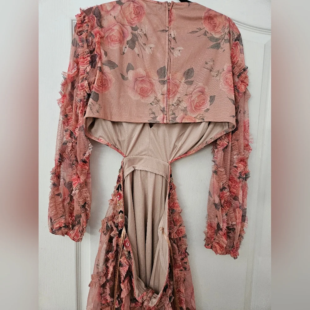 Mac Duggal Long Sleeve V Neck Cut Out Mesh Mini Dress SZ 12 NWT A9151 - Picture 7 of 11